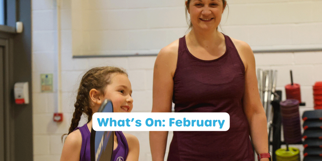 Blog post image showing a mother and daughter at THRIVE Family Racquets class with text saying 'What's On: February'