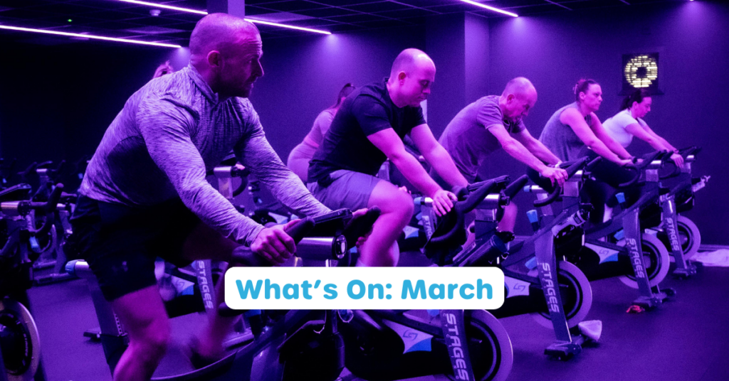 Blog featured image for 'What's on in March'. Showing participants in a cycle class at Horizon Havant