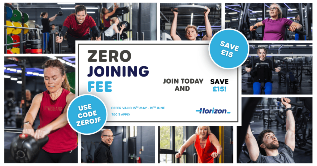 Zero joining fee offer. Photos of people working out in the gym with text explaining the zero joining fee offer in the middle.