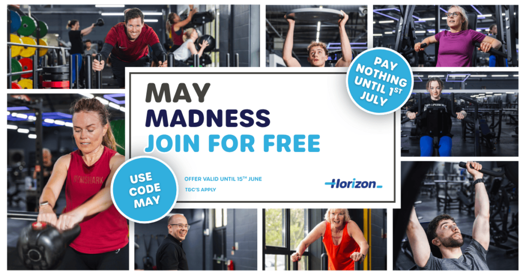 Collage of people using the gym with text in the middle with details of the 'May Madness' offer