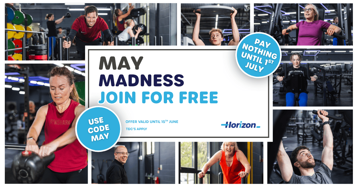 Collage of people using the gym with text in the middle with details of the 'May Madness' offer