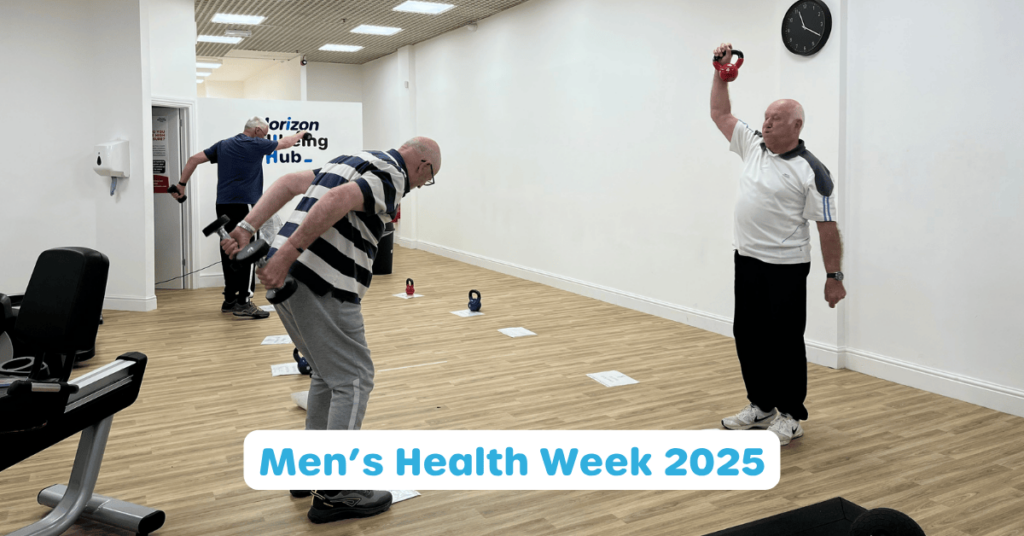 Photo of a Men's Circuit Class at the wellbeing hub with the text 'Men's Health Week 2025' written in front.