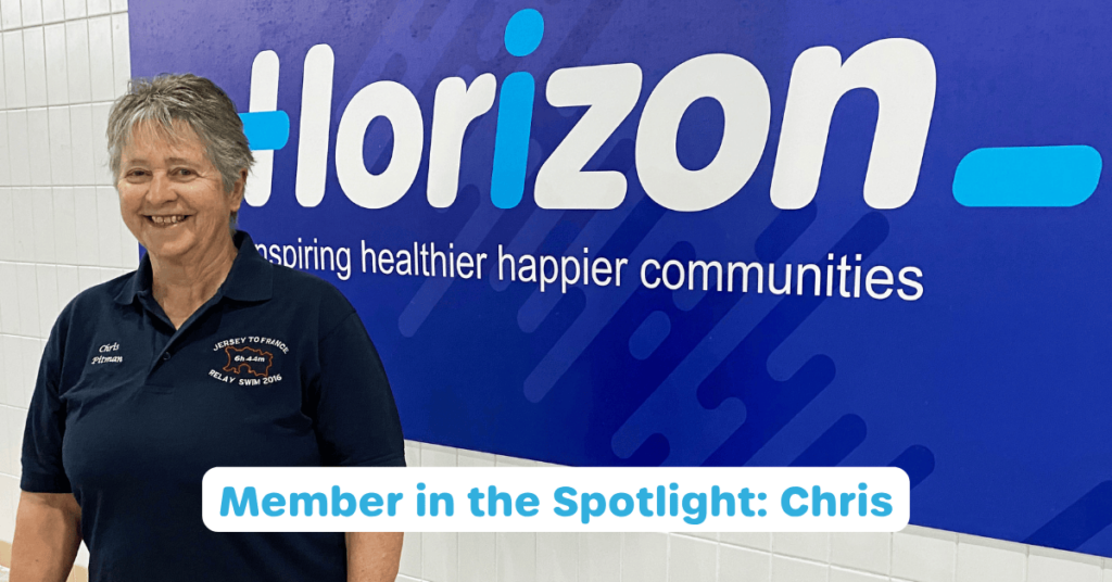 Photo of Chris stood next to the Horizon sign at Waterlooville Leisure Centre.