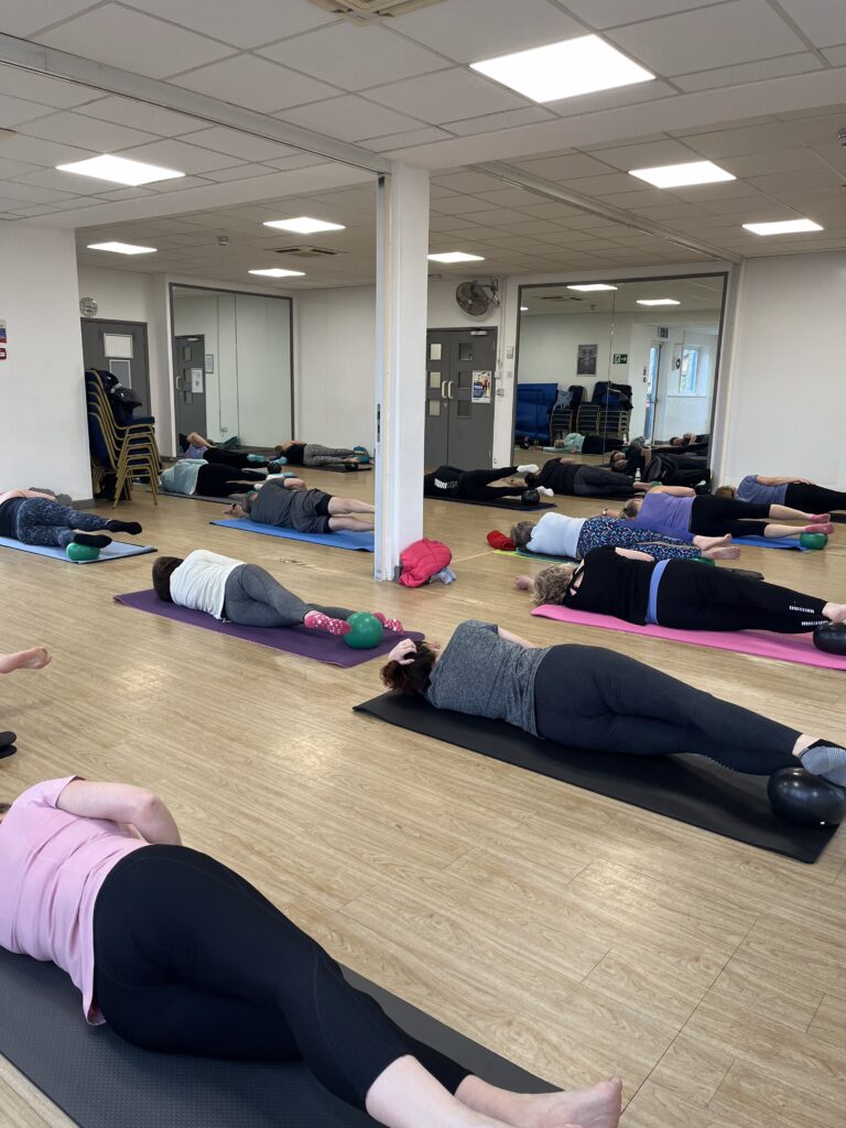Participants engaged in group classes Pilates class.