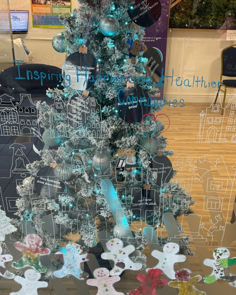 Decorated Christmas tree with community art