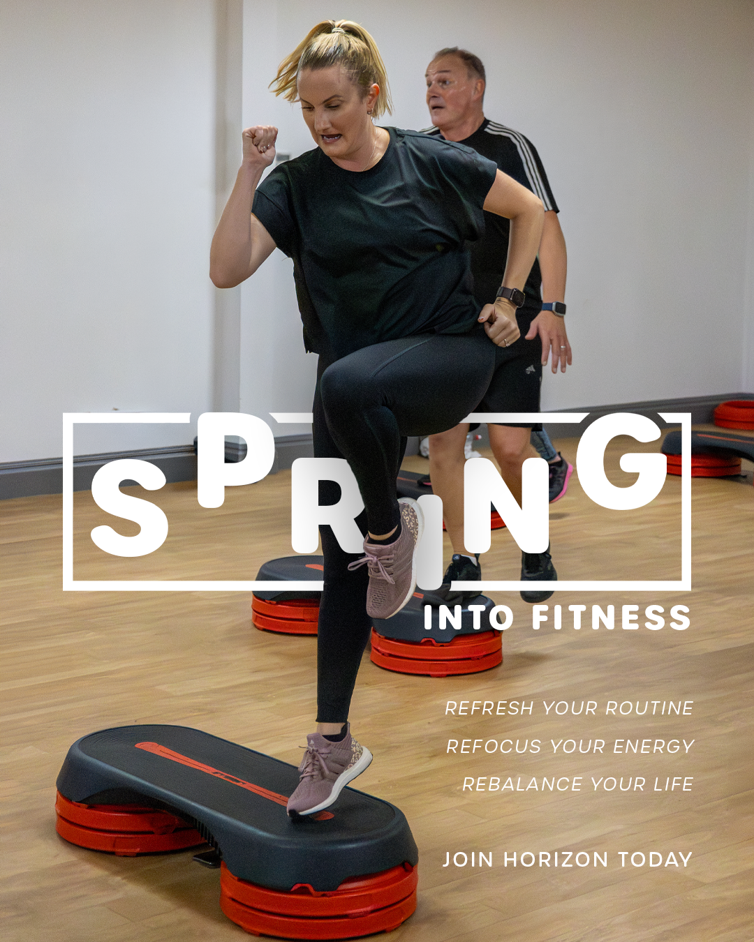 Group fitness class in action spring into fitness