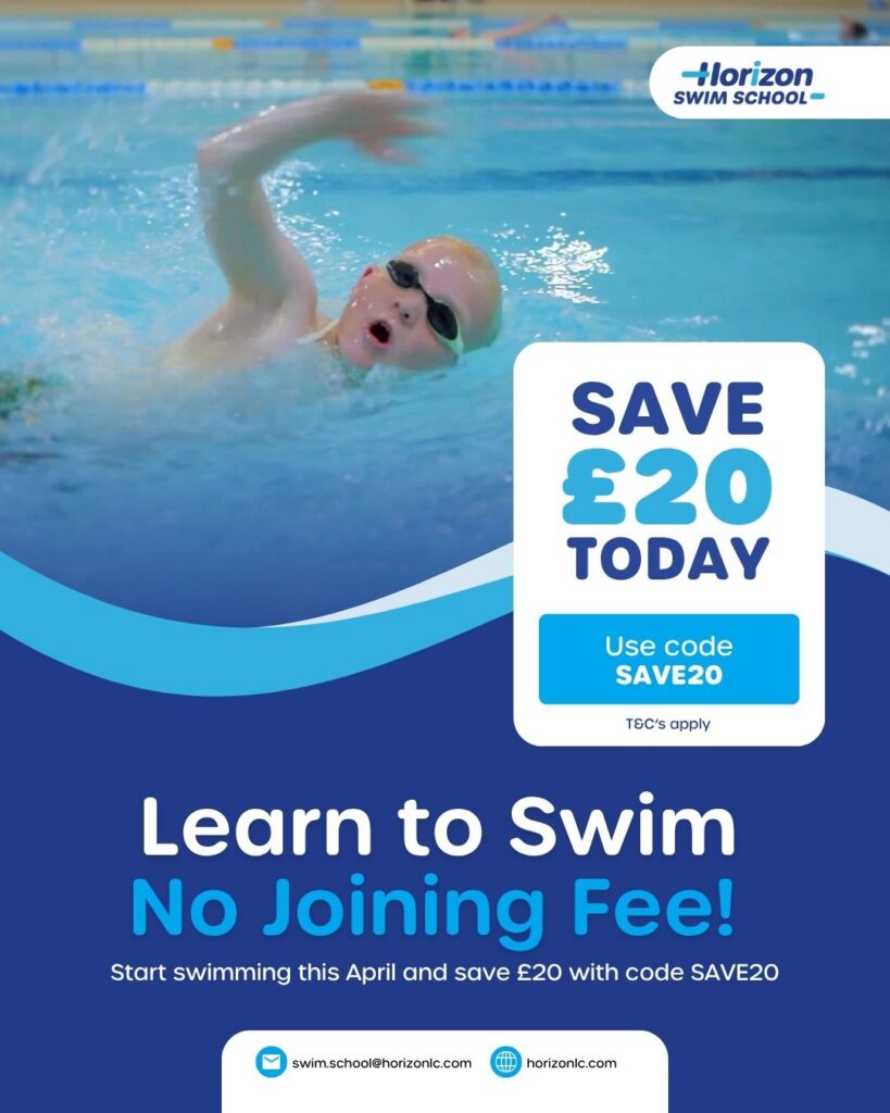 Child swimming with promotional offer details
