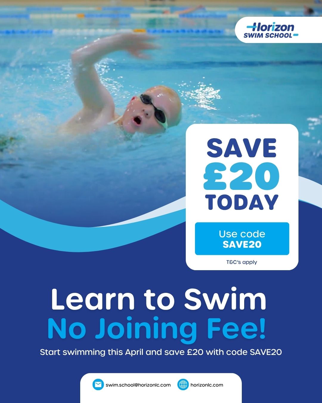 Child swimming with promotional offer details